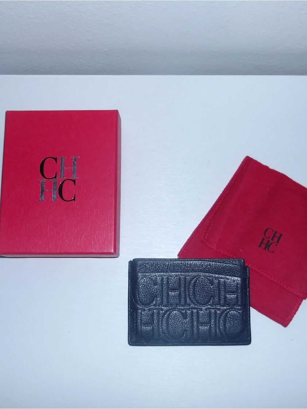 Carolina Herrera Black Embossed Leather Card & Key Holder with Red Branded Box